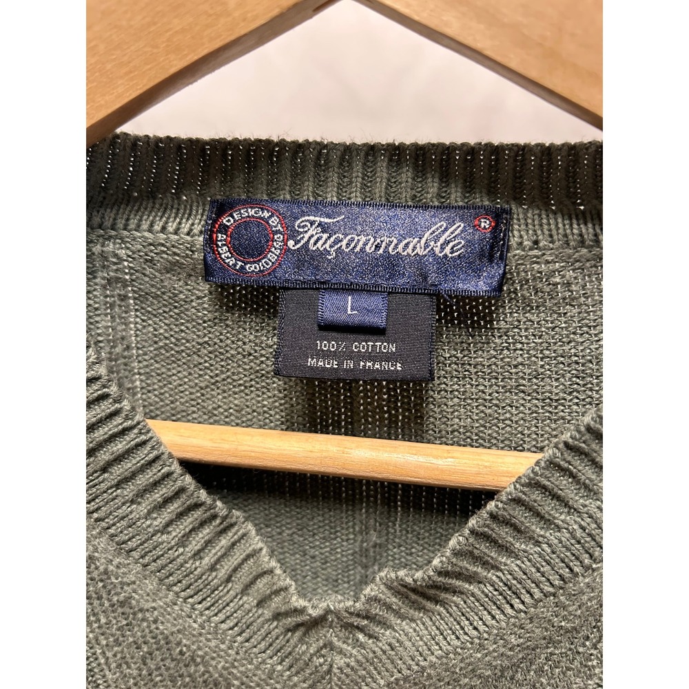 Faconnable V-Neck Sweater Mens L Green Excellent Ribbed Cotton Made in France - Picture 3 of 4